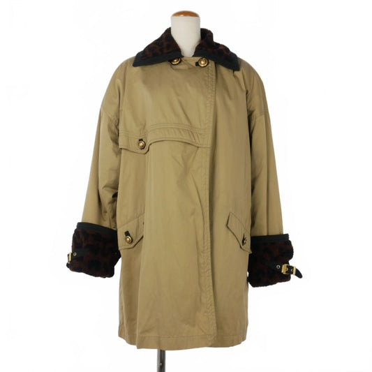Versace Shearling Switching Half Coat Leopard Lining Check 38 Beige Brown Red