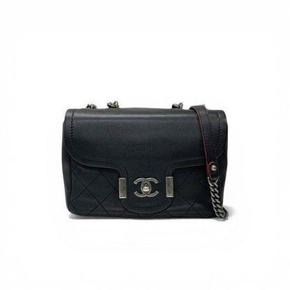 Chanel Shoulder Bag Black Red Silver Axic CC Logo Quilted Turnlock Single Flap