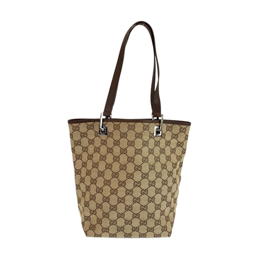Gucci Beige Brown Silver GG Canvas Leather Tote Shoulder Bag