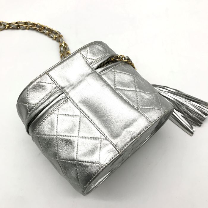 Chanel CC Logo Quilted Chain Shoulder Bag with Fringe Vanity Silver Leather