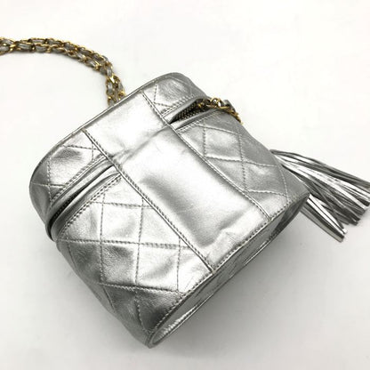Chanel CC Logo Quilted Chain Shoulder Bag with Fringe Vanity Silver Leather