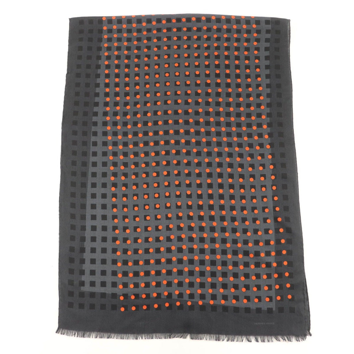 Hermes Cashmere Silk Dot Design with Fringe Large Shawl Stole Gray