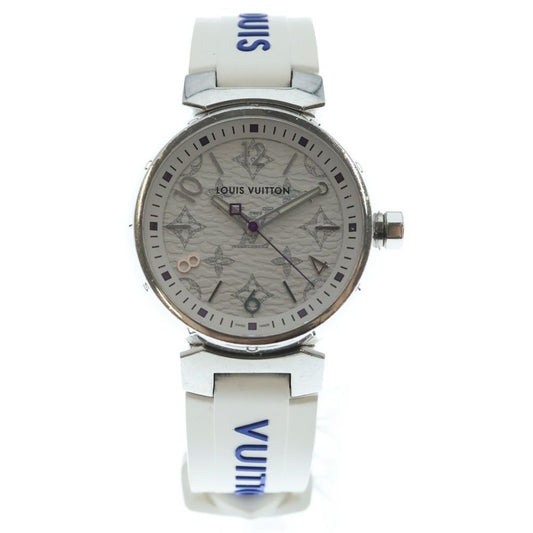 Louis Vuitton Monogram White Tambour MM Dial SS Rubber Quartz Stainless Steel