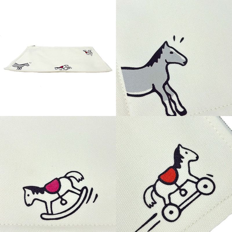 Polar Hermes Baby Pouch Trousse Flat GM Adada Canvas Wooden Horse White
