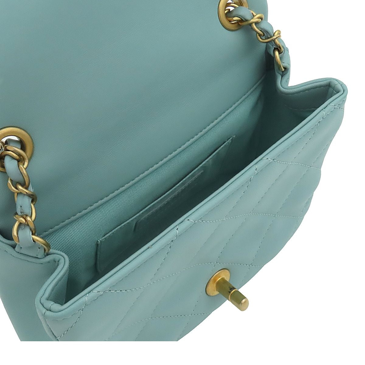 Chanel Shoulder Bag Pastel Blue Gold Lambskin Quilted 2-Way Top Handle Small — view 5