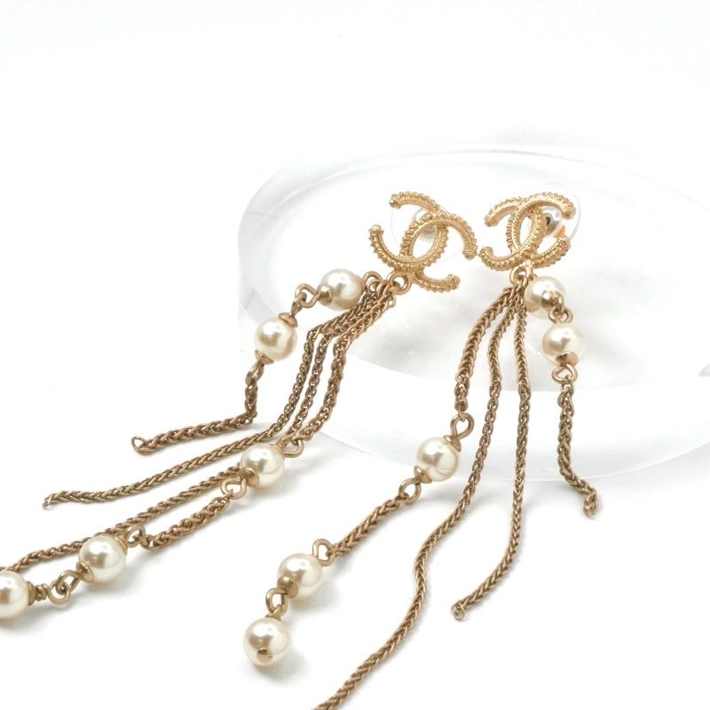 Chanel Earrings Earring Gold Coco Mark Chain Pearl