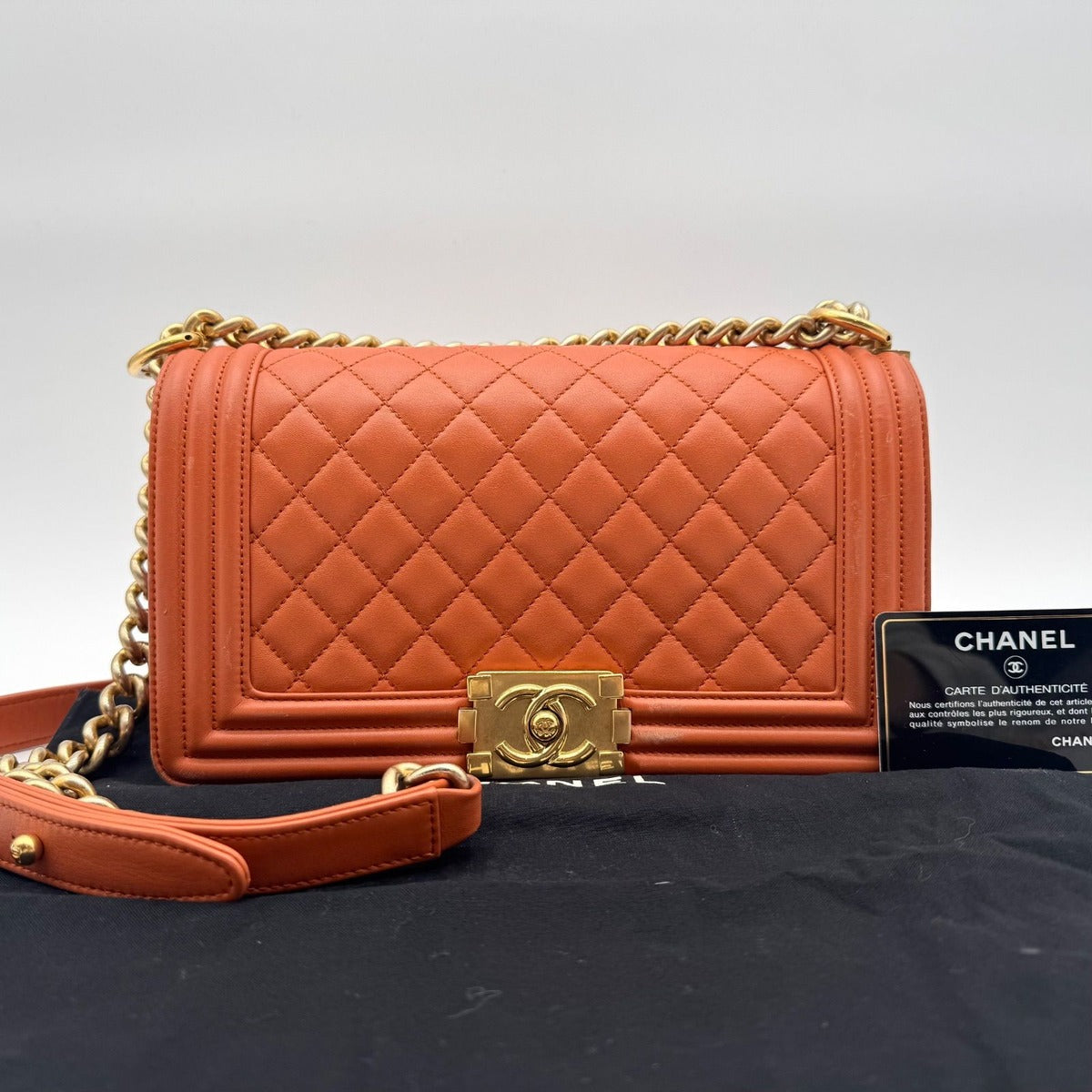 Chanel Large Shoulder Bag Boy CC Logo Gold Orange Leather with Shield Chain