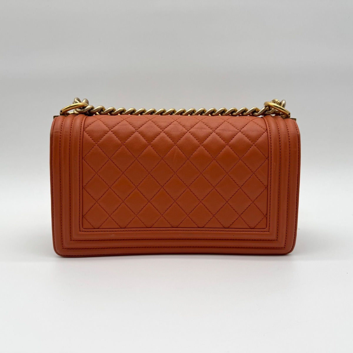 Chanel Large Shoulder Bag Boy CC Logo Gold Orange Leather with Shield Chain — view 2