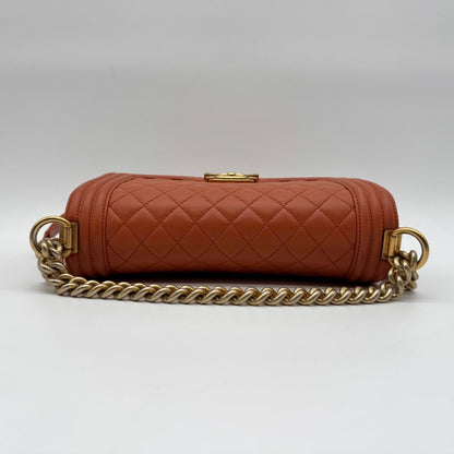 Chanel Large Shoulder Bag Boy CC Logo Gold Orange Leather with Shield Chain — view 5