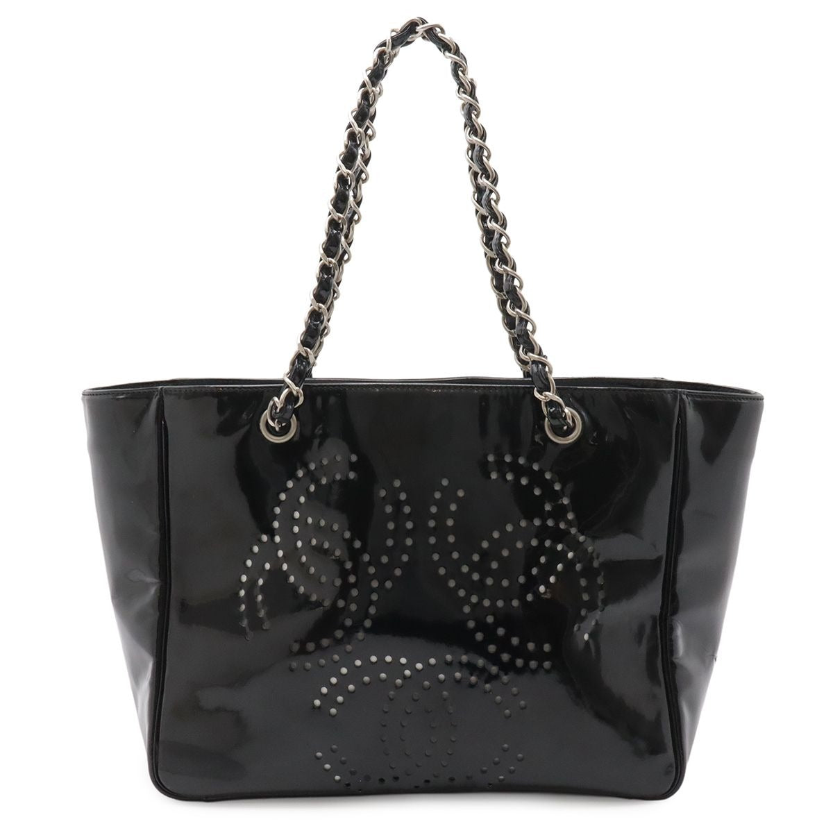 Chanel CC Logo Triple Coco Perforated Tote Chain Shoulder Bag Enamel Black