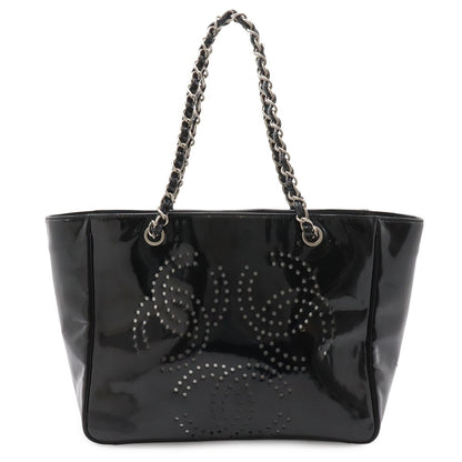 Chanel CC Logo Triple Coco Perforated Tote Chain Shoulder Bag Enamel Black