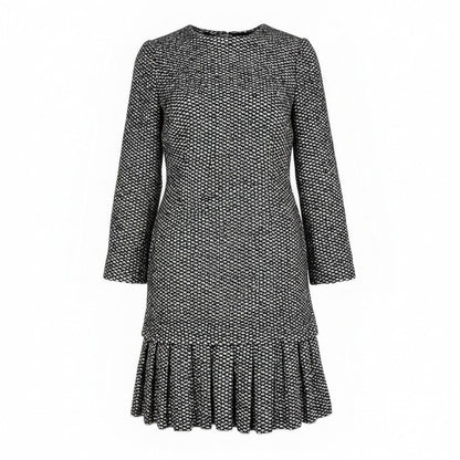 Dolce & Gabbana Tweed Dress Wool Ruffle Hem Long Sleeves 40 Black White