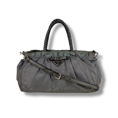 Prada 2-Way Shoulder Bag Mini Tote Ribbon Tessuto Nylon Light Gray