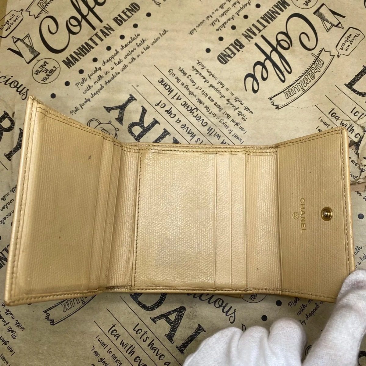 Chanel Trifold Wallet Coco Button Hook Beige Card Coin — view 10