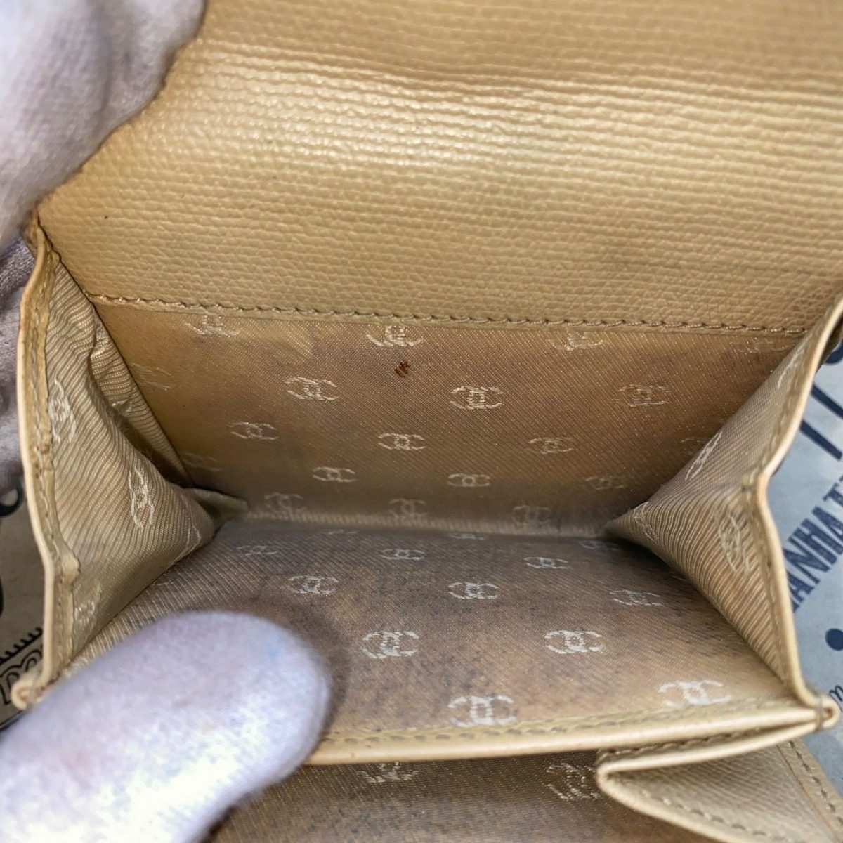 Chanel Trifold Wallet Coco Button Hook Beige Card Coin — view 13
