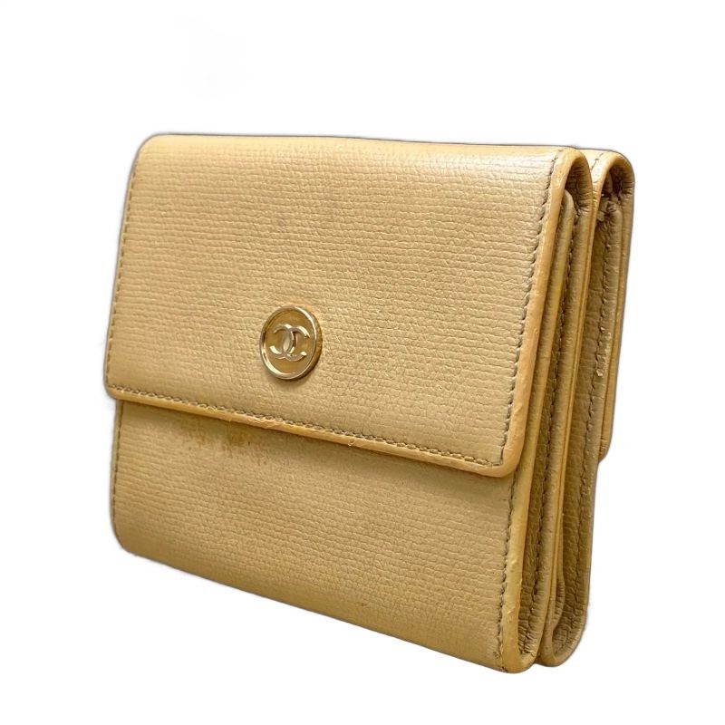 Chanel Trifold Wallet Coco Button Hook Beige Card Coin