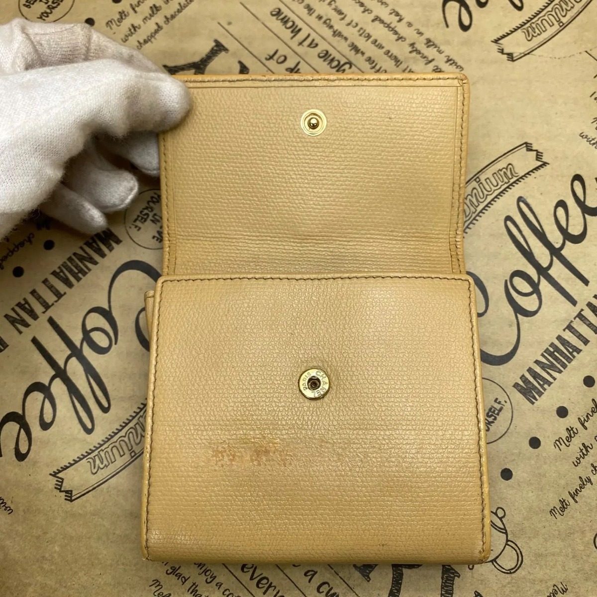 Chanel Trifold Wallet Coco Button Hook Beige Card Coin — view 9