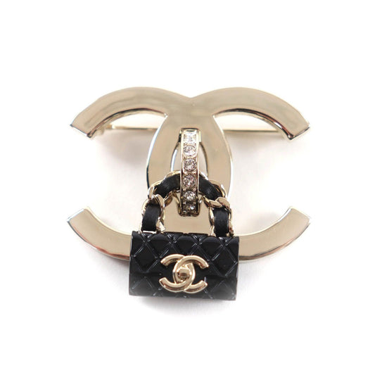 Chanel CC Logo Bag Brooch Gold Black Box Made