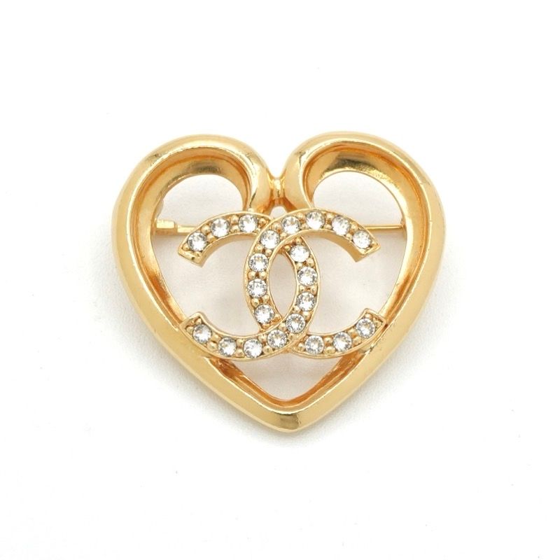 Chanel Brooch Corsage Gold Heart Here Mark Rhinestone