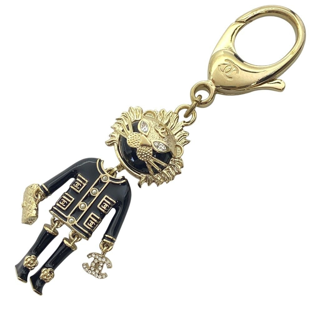 Chanel Lion Charm Key Holder Ring CC Logo Rhinestone Pearl Gold Black