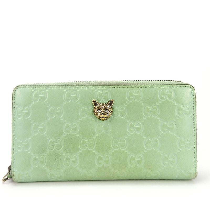 Gucci Long Wallet Round Zipper Sima Leather Mint Green Color Linea Cat