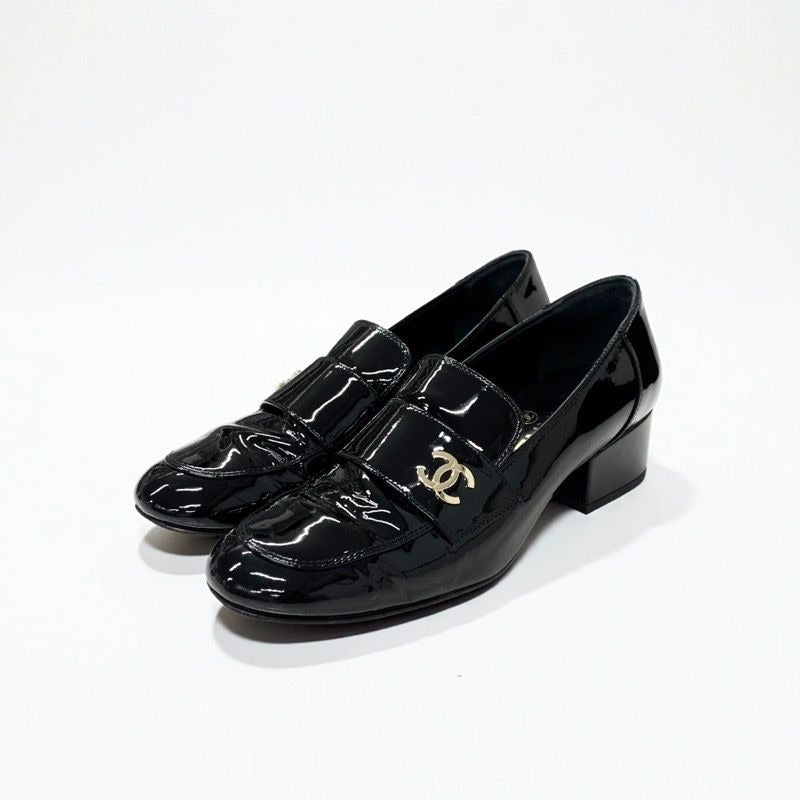 Chanel Loafers Shoes Patent Leather Black Gold CC Logo