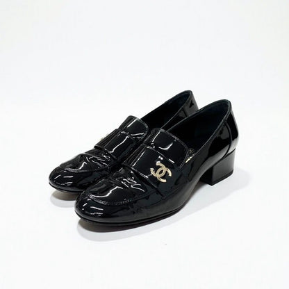 Chanel Loafers Shoes Patent Leather Black Gold CC Logo