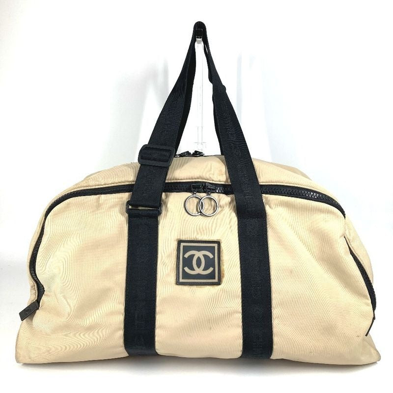 Chanel Boston Bag CC Logo Nylon Canvas Beige