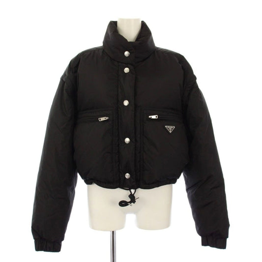 Prada Re-Nylon Triangle Logo Down Jacket Cropped Length 40 Black