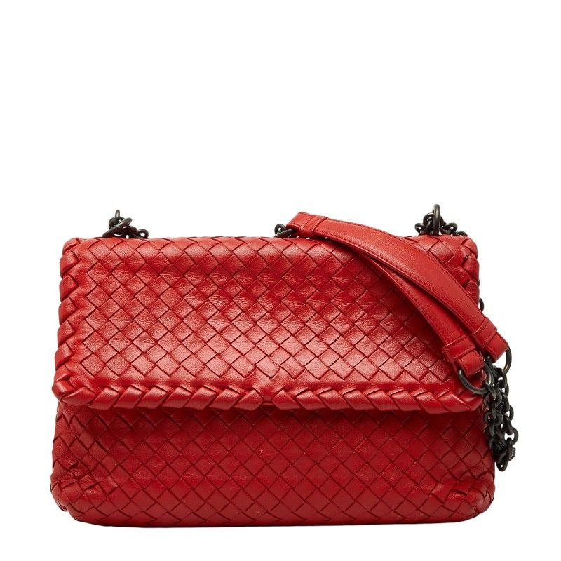 Bottega Veneta Intrecciato Chain Shoulder Bag Red Leather