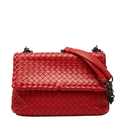 Bottega Veneta Intrecciato Chain Shoulder Bag Red Leather