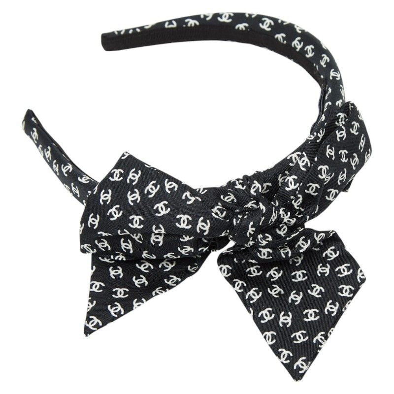 Chanel CC Logo Headband Hair Black White Silk
