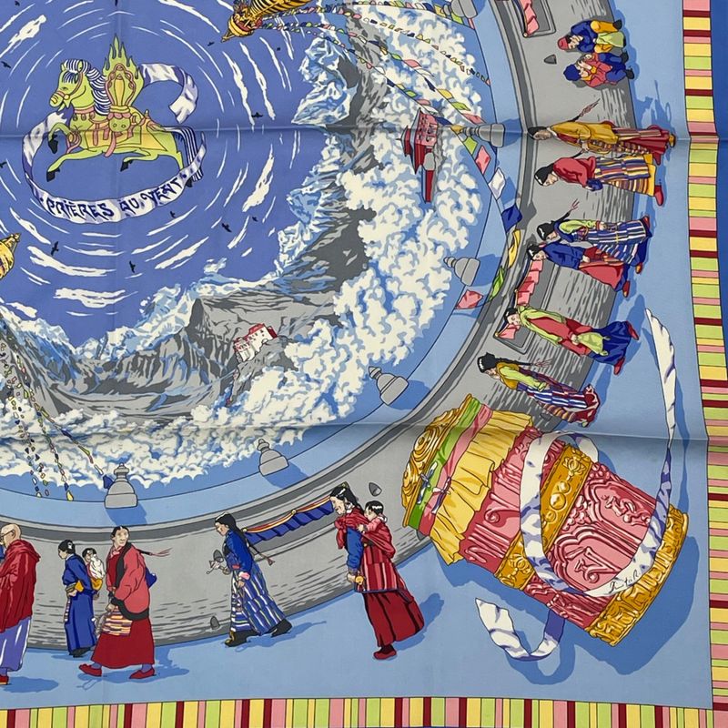 Hermes Carre 90 Prieres AU VENT Prayer In The Wind Silk Scarf Blue
