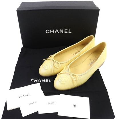 CHANEL 19S G02819 Ballerina Coco Mark Ribbon Leather Flat Pumps Shoes Yellow 37