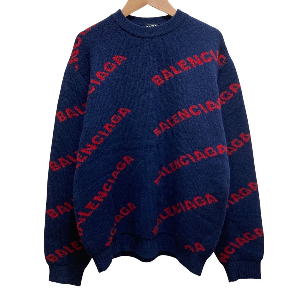 Balenciaga Logo Jacquard Knit Sweater S Navy
