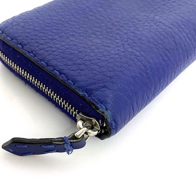 Fendi Round Zipper Long Wallet Blue Selleria Wallet Leather Preowned