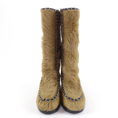 Chanel Patent Leather Coco Charm Fabric Long Boots Brown 37 — view 3