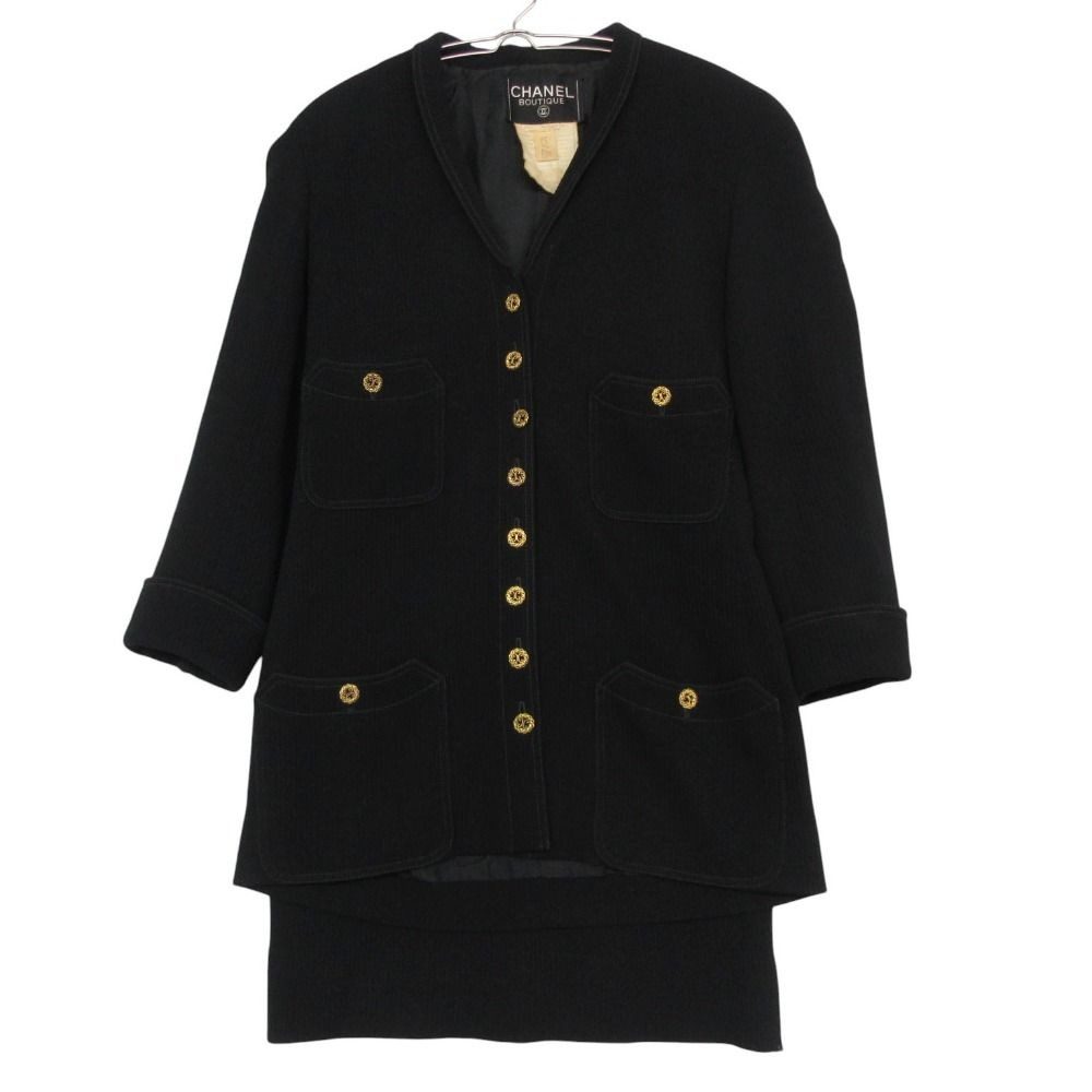 Chanel Vintage Suit Set Rib Stripe Gold Button Skirt Shawl Collar Knee Length