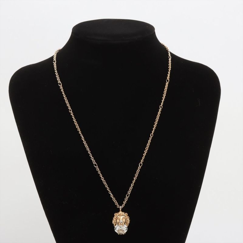 Gucci Michele Lion Head Necklace With GP And Rhinestones Gold Made In Italy