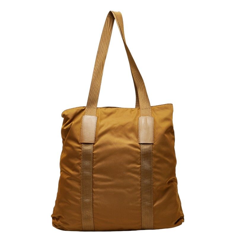 Plat Da Triangle Logo Plate Tote Shoulder Bag Brown Nylon Leather Women Prada