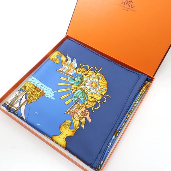 Hermes 90 Voiles De Lumiere Sailing Ship Of Light Blue Ship Silk Scarf Box
