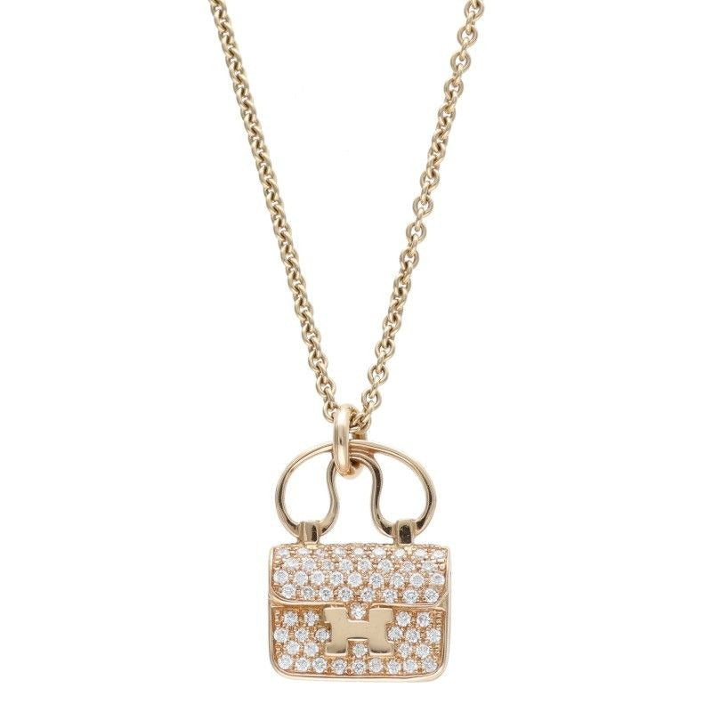 Hermes Amulet Constance 18K Pink Gold Diamond Bag Motif Necklace