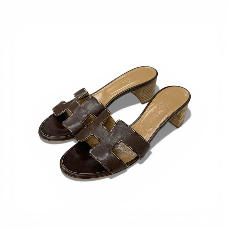 Hermes Oasis Sandals Shoes Leather Brown Mules