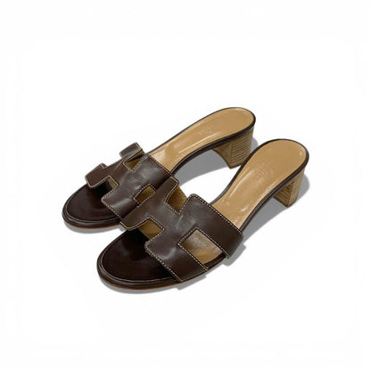 Hermes Oasis Sandals Shoes Leather Brown Mules