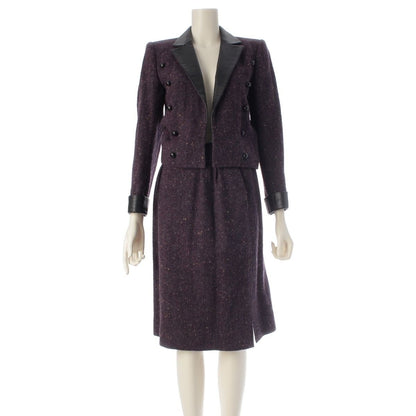 Saint Laurent Yves Wool Tweed Jacket Skirt Set Purple S
