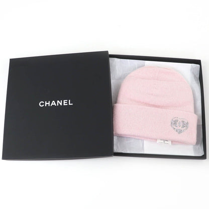 Chanel Cashmere CC Logo Heart Rhinestone Knit Cap Pink — view 2