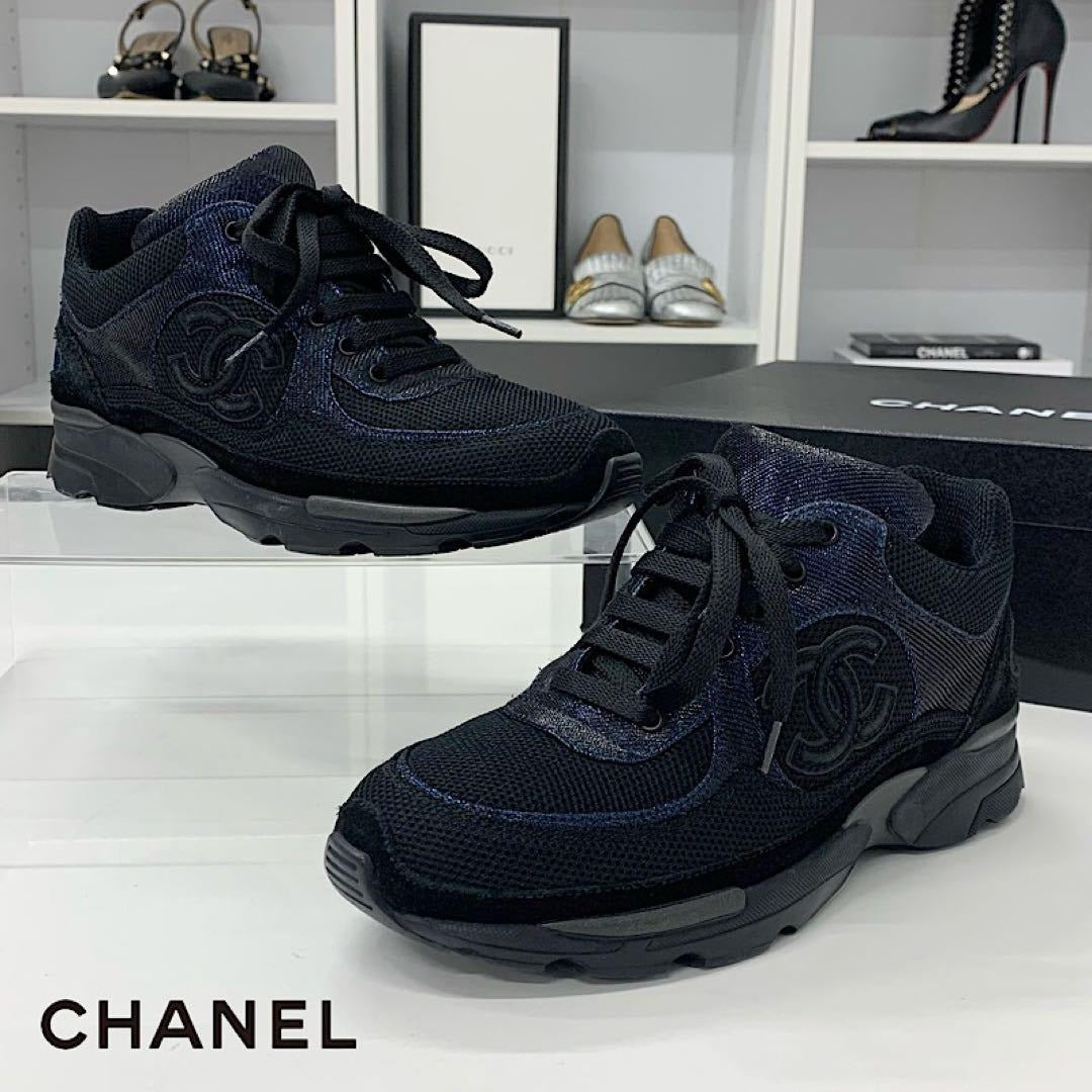 Chanel Coco Mark Fabric Sneakers Metallic Black Blue