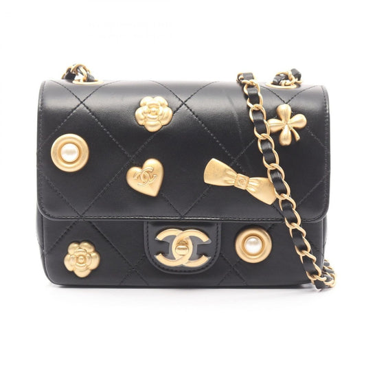 Chanel Shoulder Bag Quilted Icon Black Gold Lambskin Charm