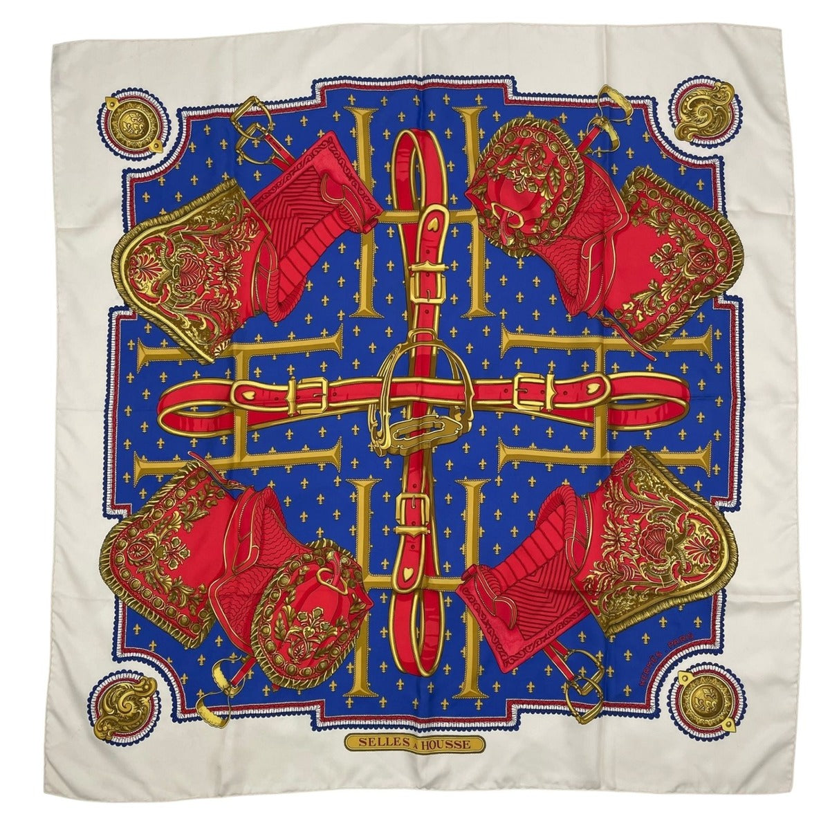 Hermes Scarf Silk Carre 90 Selles a Housse Cover Seat White Blue