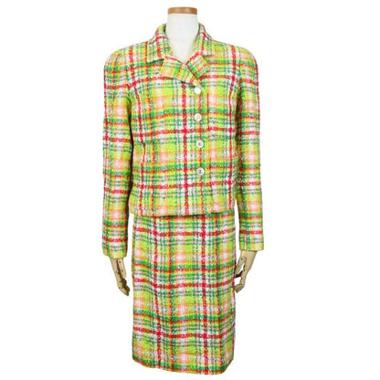 Chanel Set Suit 36 Cotton Rayon Wool Greenish Red Multicolor Tweed Coco Button
